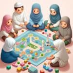 Muslim children playing an Islamic board game, fostering learning and fun through interactive play