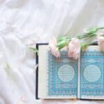 blue and white book on white and pink floral textile